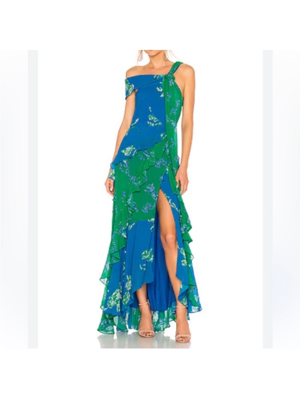 Tanya Taylor Blue and Green Floral One-Shoulder Ruffle Maxi Dress